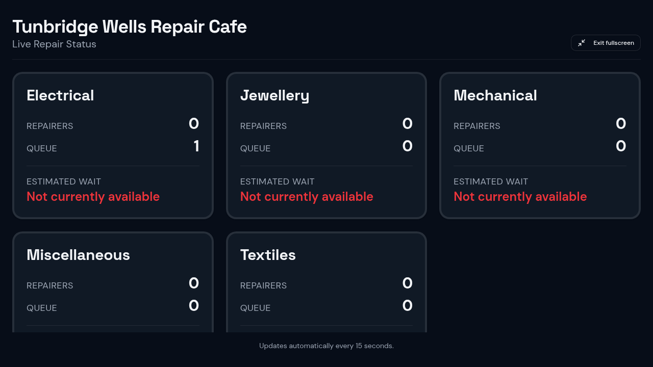Live queue display showing repair status for waiting visitors