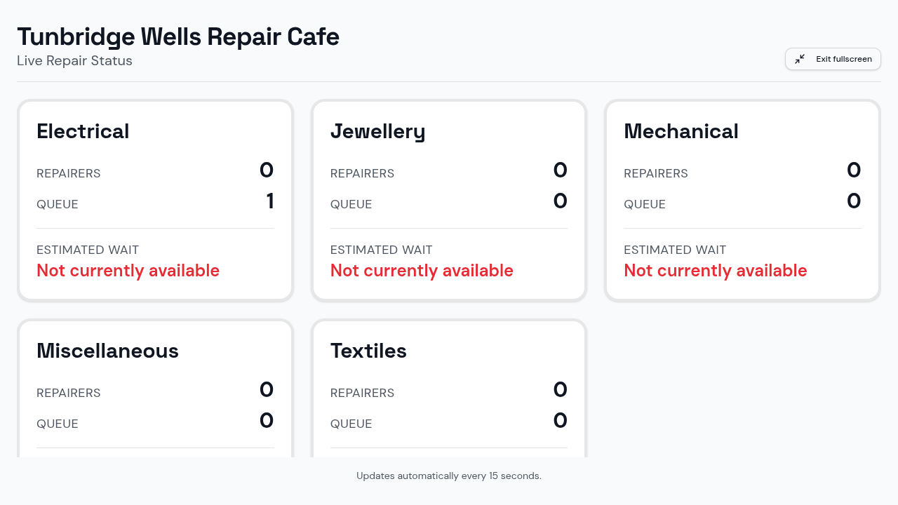 Live queue display showing repair status for waiting visitors